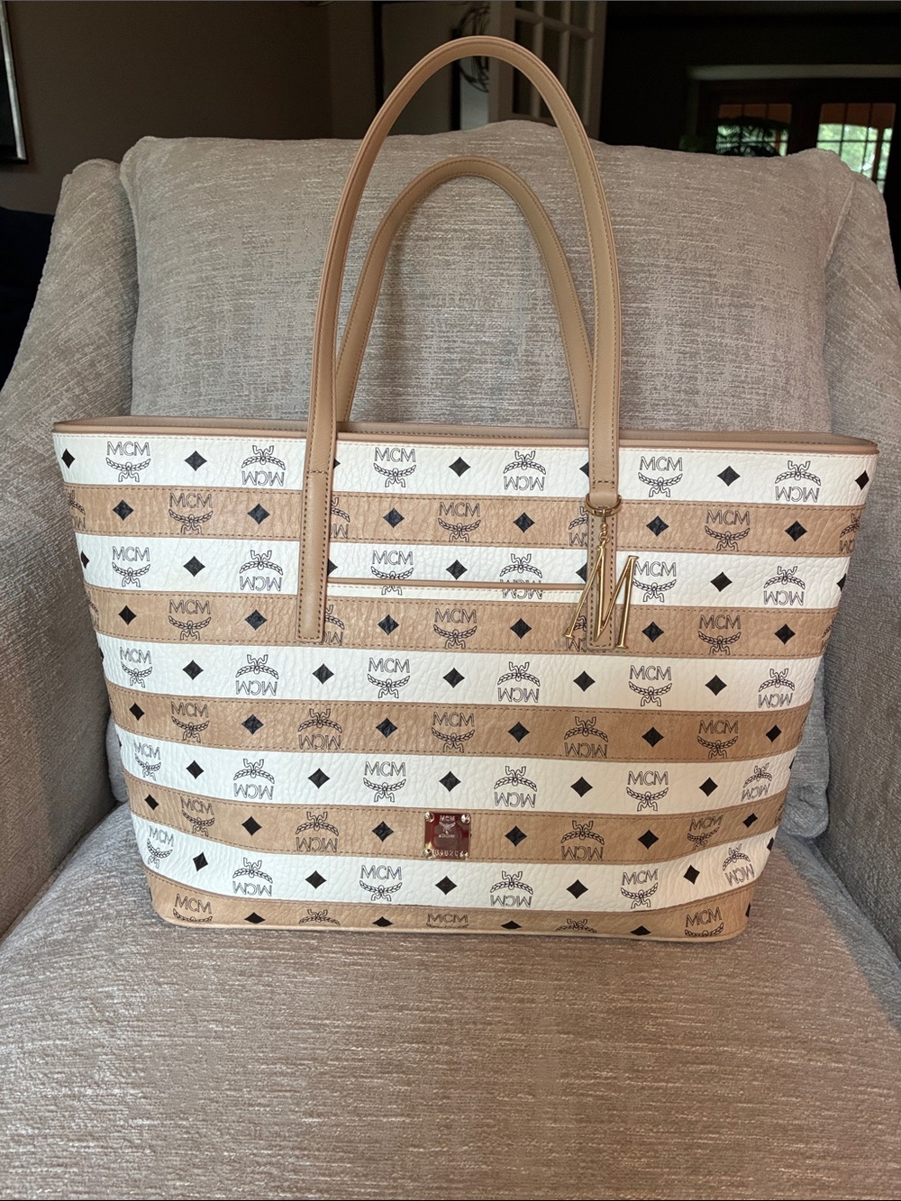 MCM Visetos Large Leather Striped Tan/Ivory Tote Excellent Condition